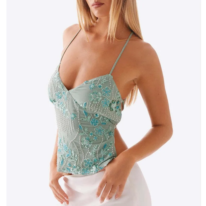 Dopamine hauts et t-shirts couleur sans manches bretelles Camisole Topwomen été 2025 personnalisé brodé perle dos à lacets t-shirts nouveau