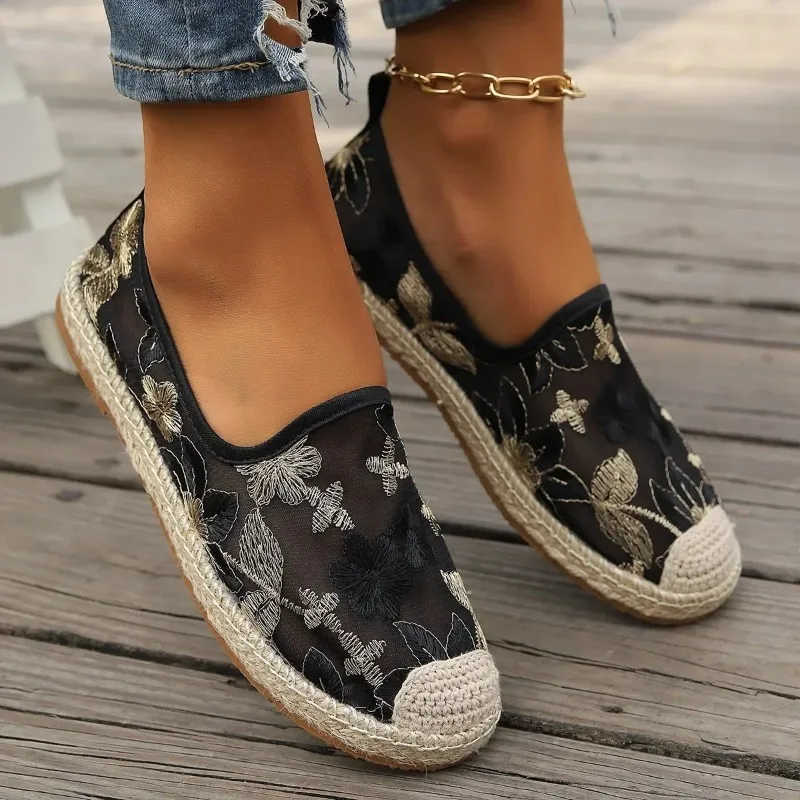 Large Size Single Shoe Women\'s 2024 Summer New Lace Mesh Hollowed Out Women\'s Flat Bottomed Fisherman\'s Shoes  flat shoes women