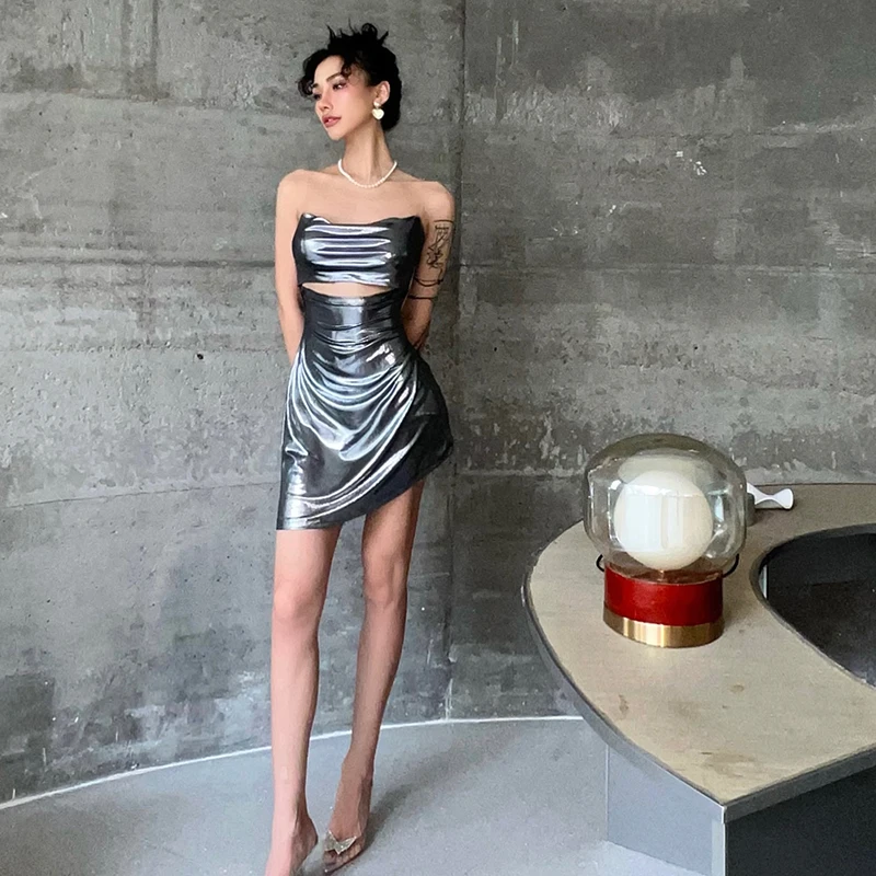 Sexy Hot Girl Tube Top Silver Niche Detachable Dress Evening Party Hollow-out Dress Silver Shiny Banquet Skirt Robe Argent