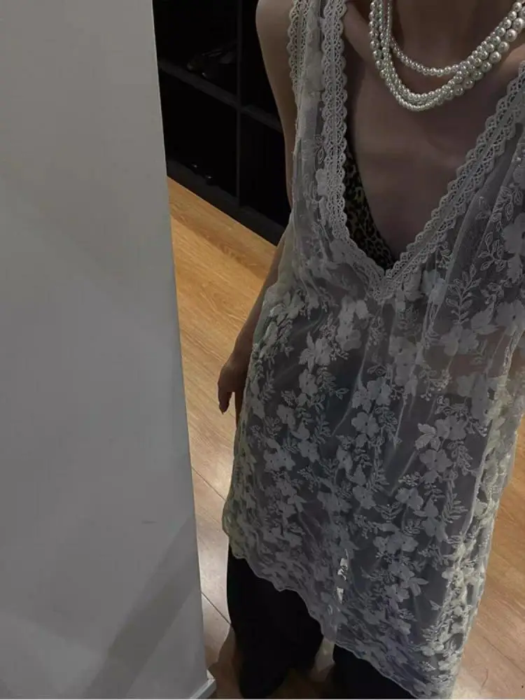 Yedinas V-neck Lace See Through Summer Dress Women Sleeveless Beach Style Korean Fashion Tank Tops Ladies Dresses Loose Chic Y2k