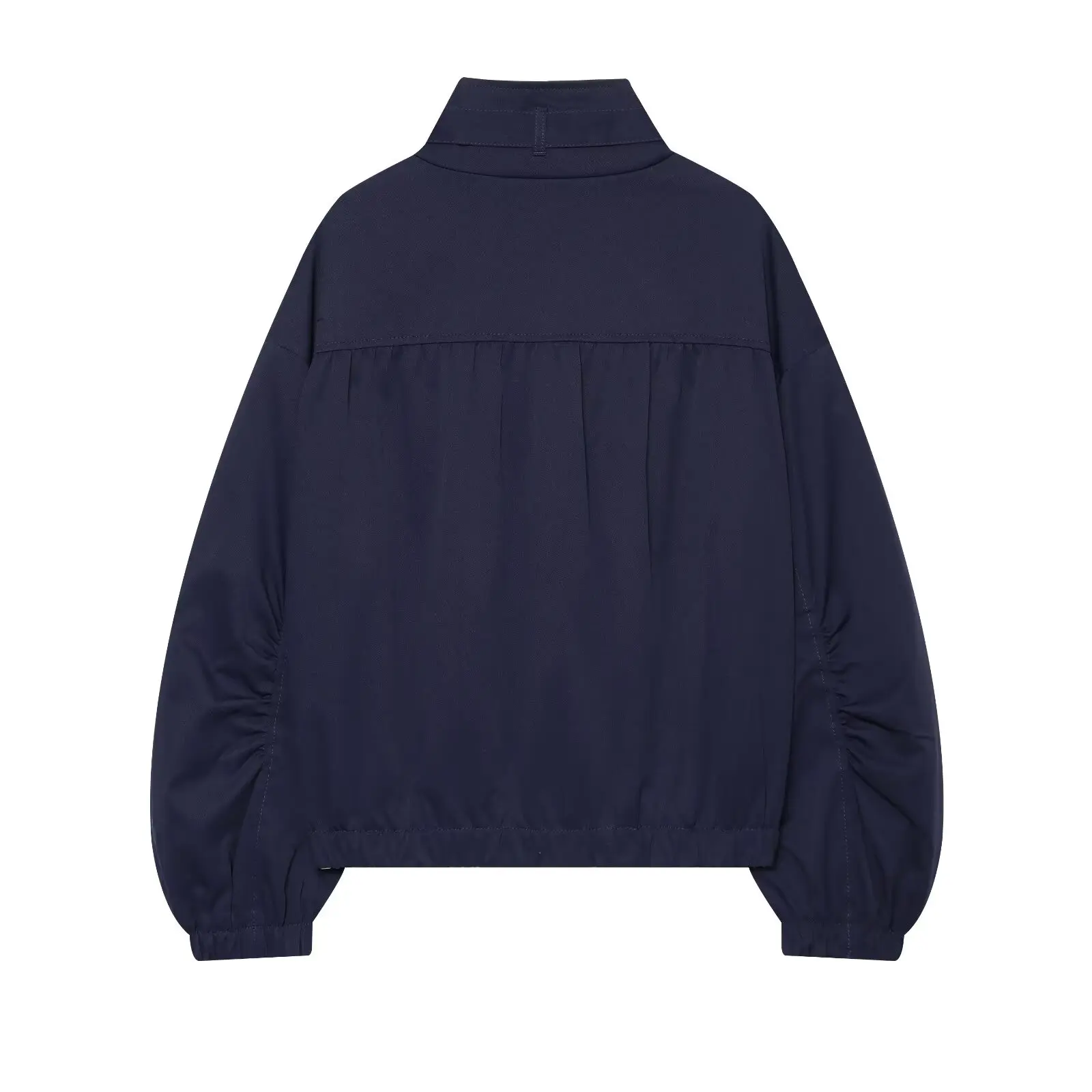 BSAY Autumn Women Casual Loose Bomber Jacket Stand Collar Zipper Front Ruched Sleeve Elastic Hem Cropped Streetwear Outerwear