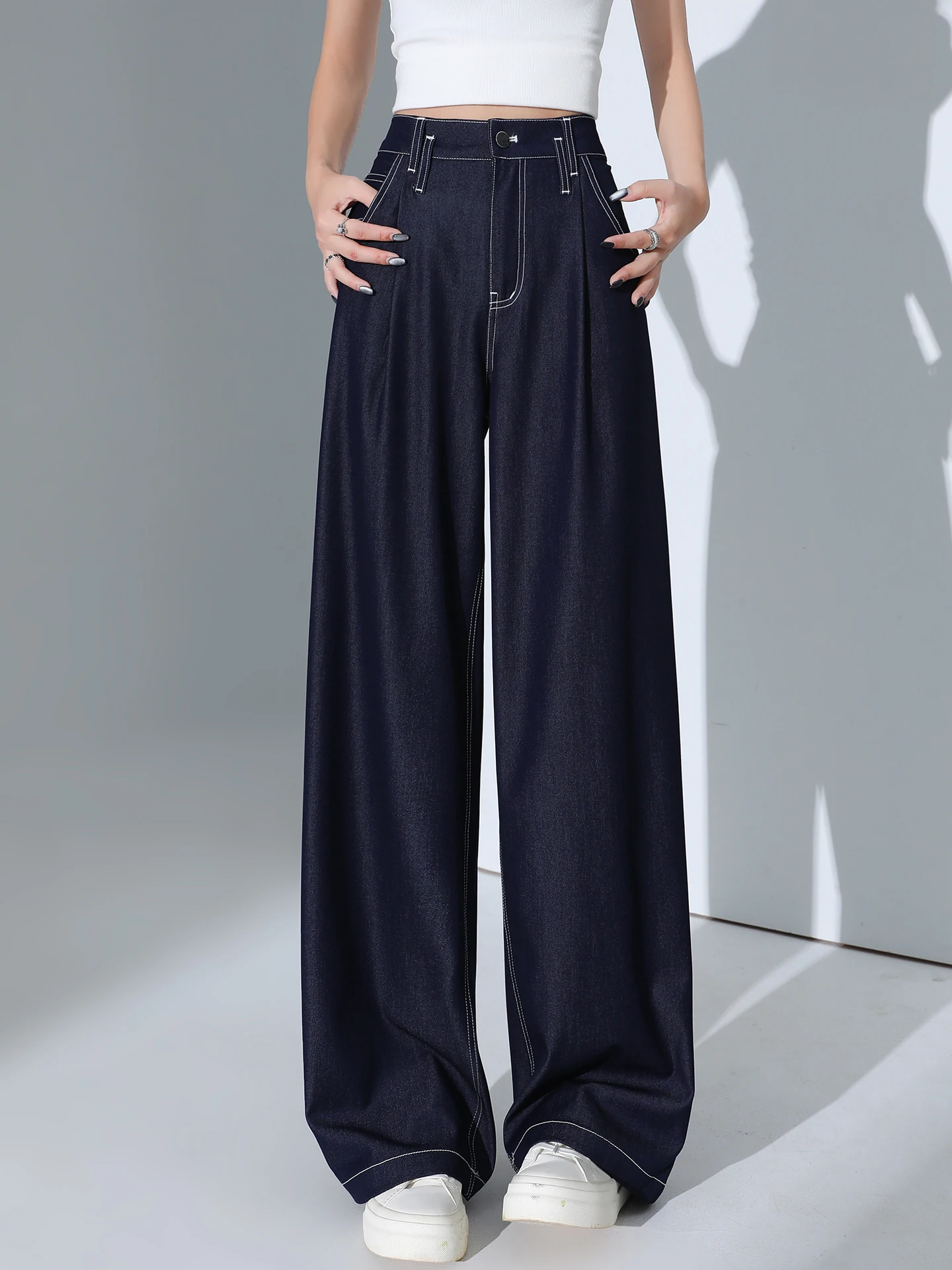 

Широкие брюки из глубокого синего шелкового денима для женщин, летние, тонкие, с высокой талией, струящиеся, из ледяного шелка, повседневные, в пол, для высоких женщин