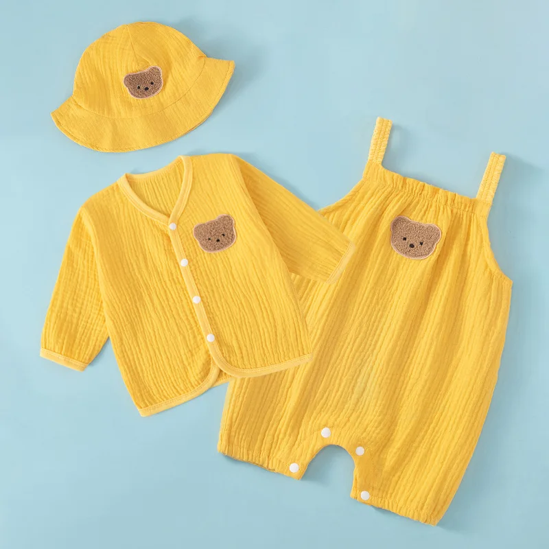 Baby summer onesie pure cotton gauze cardigan three-piece set super cute boys and girls baby suspenders, clothes go out