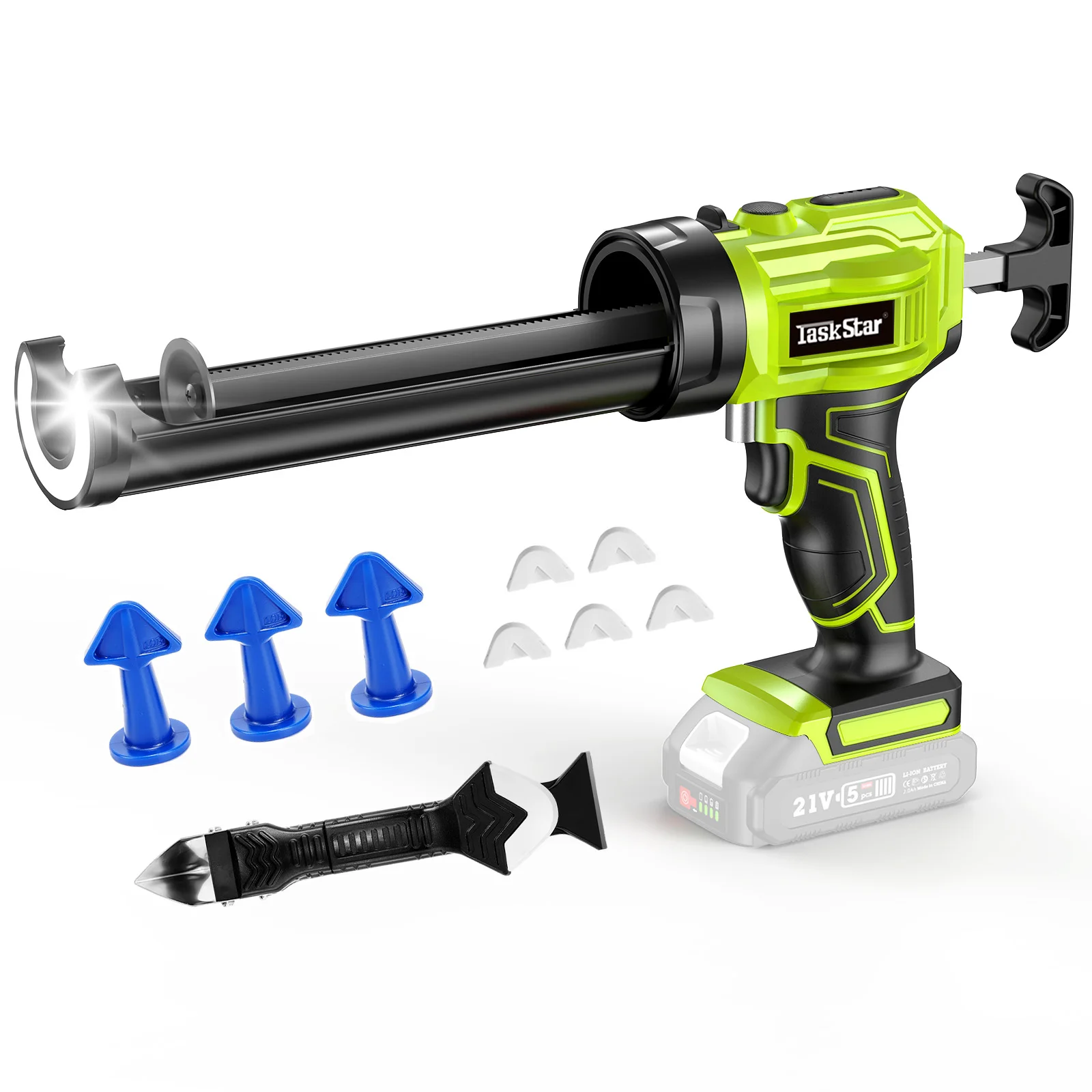 

Taskstar Electric Caulking Gun No Drip with 1*2.0Ah Battery 250KG 10OZ Dripless Cordless Battery Powered Tool with LED Light for Filling and Sealing For Makita Battery