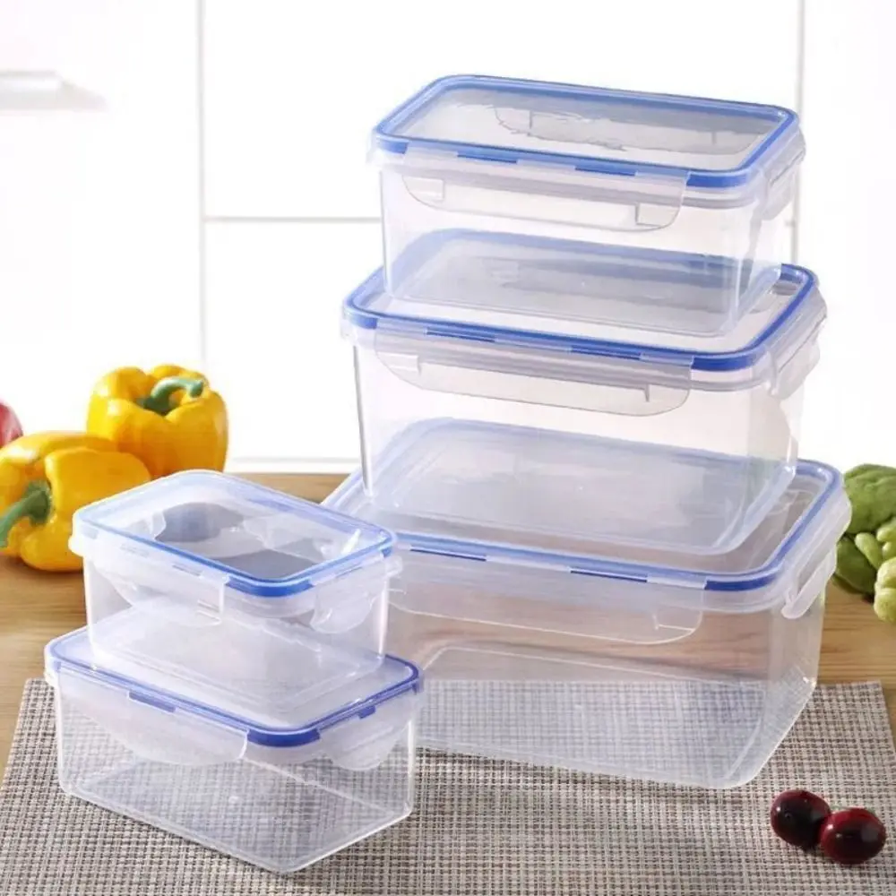 Caja de almacenamiento de plástico segura para refrigerador con tapa, recipientes y tarros de alimentos rectangulares sellados, apilables, trasparent, 1/4 Uds.