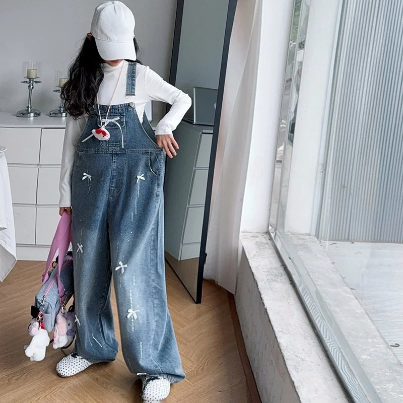 Teenager Girls Summer Suspender Denim Overalls Bow Hot Rhinestone Detail Versatile Children's Fashion Clothing for Ages 4-14Y
