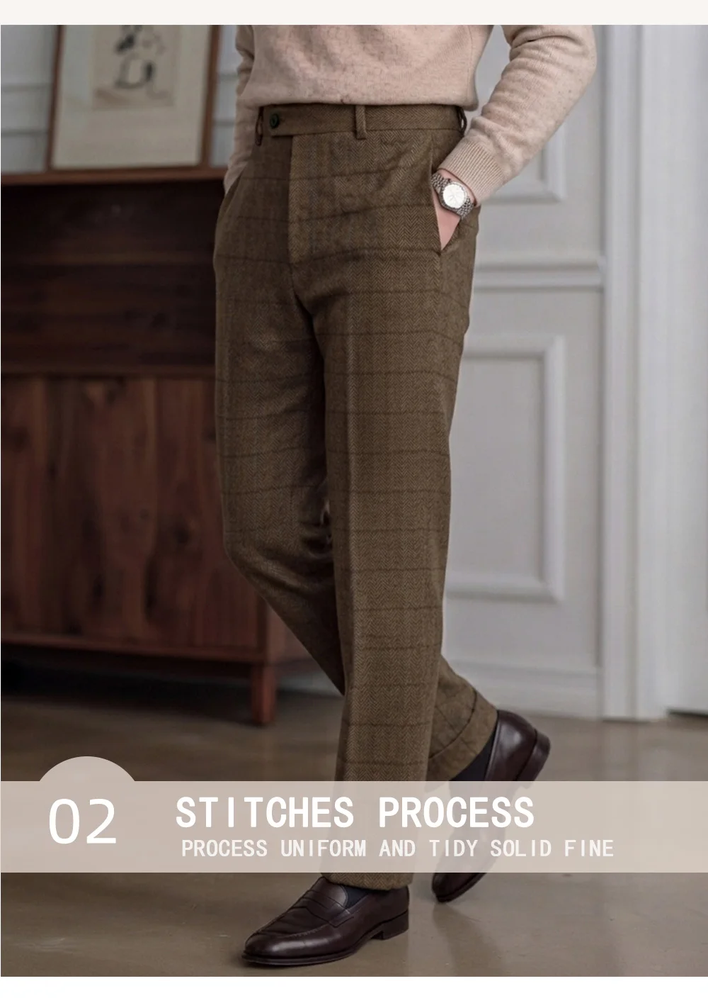 Herren-Anzughose mit Hahnentritt-Muster für Herbst und Winter, Business-Bürohose mit Neapolitan-Knopfleiste und geradem Bein – Detail 4