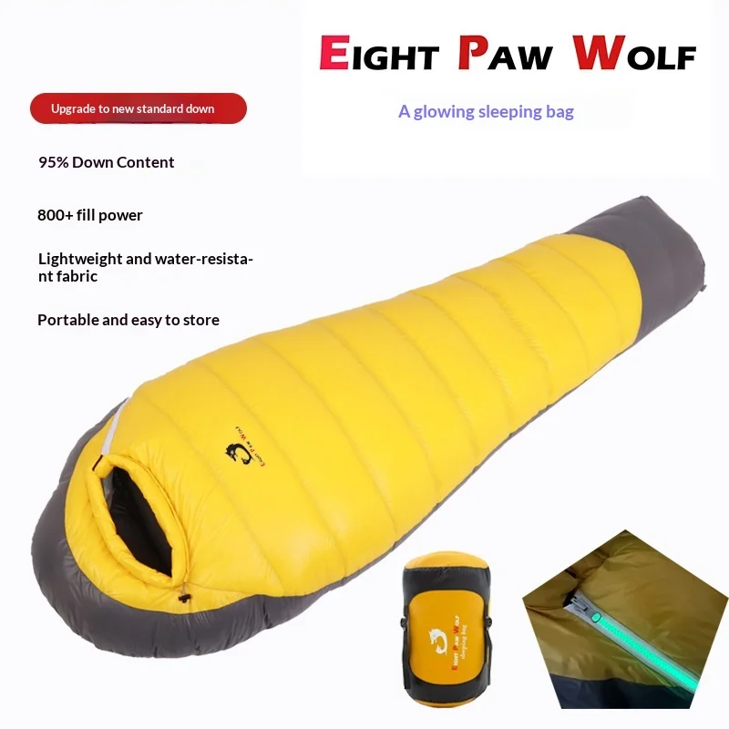 EIGHT PAW WOLF Saco de Dormir de Plumas com Efeito Luminoso Noturno, Tipo Múmia, para Acampamento ao Ar Livre, Inverno, Acolchoado