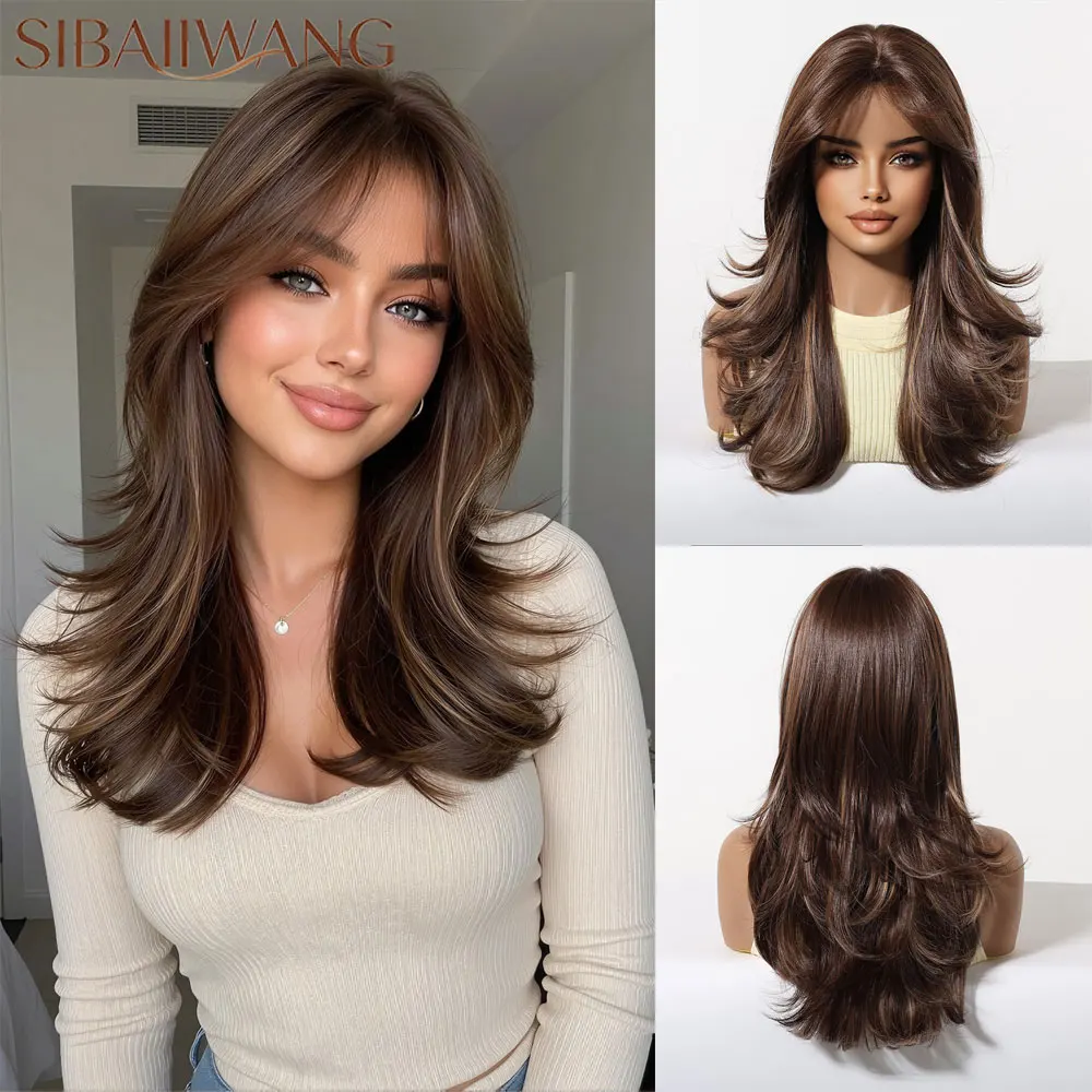 Highlighted Brown Medium Wavy Synthetic Woman Wigs with Bangs Heat Resistant Fiber Natural Looking Soft Hair Daily Party CosPlay