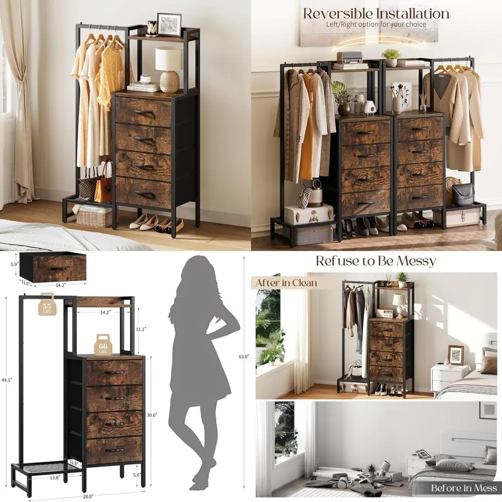 

Компактная подвесная вешалка с 4 тканевыми ящиками, высотой 44 дюйма, для детских комнат или гостиных, в деревенском стиле, прочная и устойчивая.