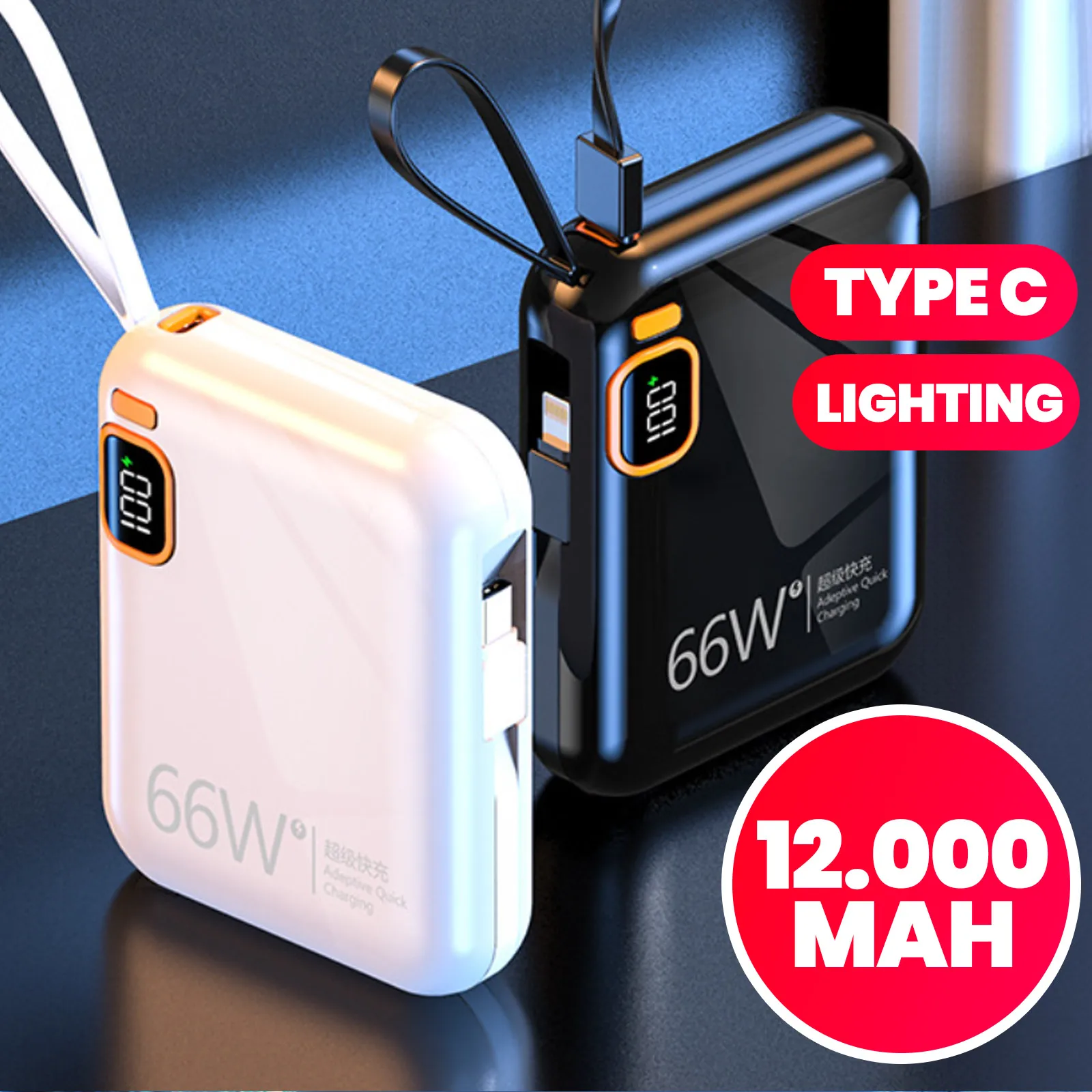 Power Bank 12000mAh Compacto com Carregamento Rápido, Cabo Integrado e Duas Saídas USB para Celular e Viagem