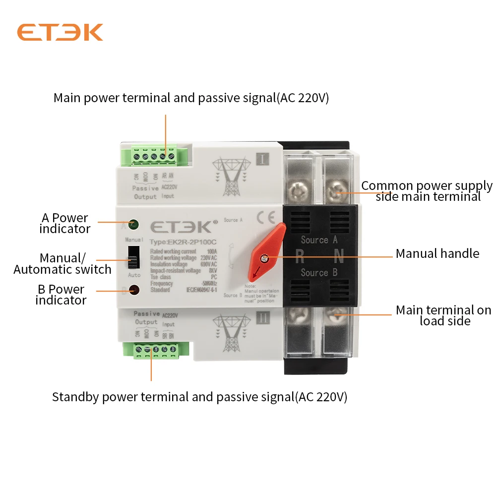 ETEK Din Rail ATS PV 2P Single Phase AC 220V Dual Power Automatic Transfer Electrical PV Selector Switches EK2R