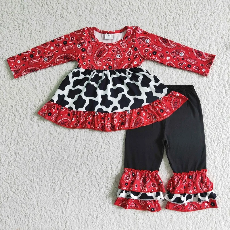 

New Arrivals Fall Fashion Hot Sale Red Top And Black Ruffled Trousers Suit Baby Girls Wholesale Boutique Children Outfit