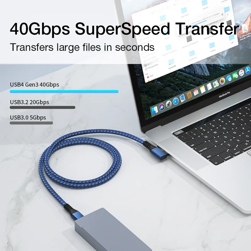1M USB4ประเภท C TB3สายเคเบิลมุมขวา PD 100W 8K @ 60Hz 40Gbps transfer Fast Charge สำหรับ Dell HP โน้ตบุ๊ค Macbook
