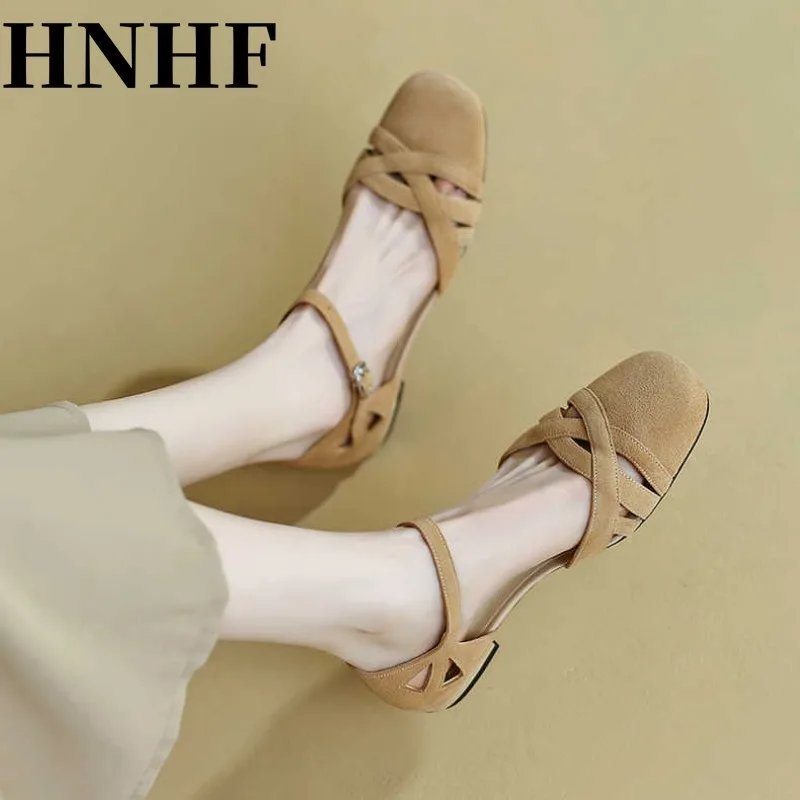 HNHF Women Fashion Classic Retro Roman Sandals Summer New Woman Temperament Round Head Hollow Frosted Low-Heeled Sandals