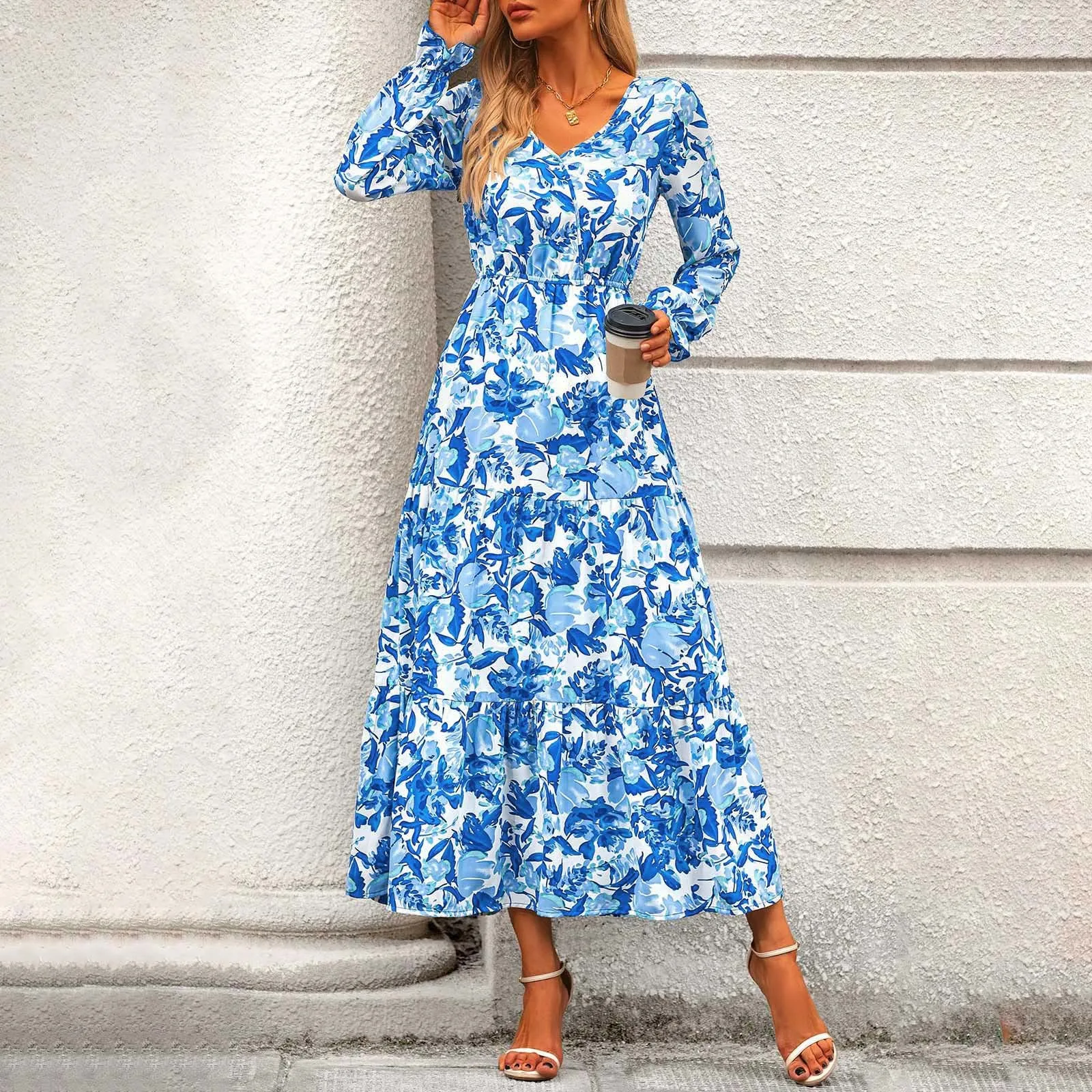 Abiti autunnali da donna Casual manica lunga scollo a V Abiti maxi stampati Boho floreali per abiti estivi per le vacanze degli ospiti di nozze Taglie forti