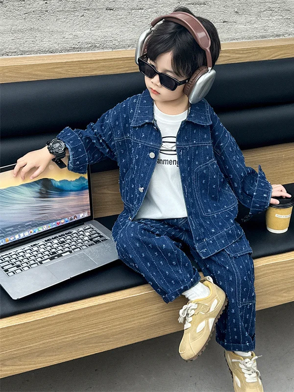 

Прохладный повседневный джинсовый комплект для мальчиков из двух предметов, весенне-осенний уличный наряд для маленьких детей, брюки Jaet, корейская версия