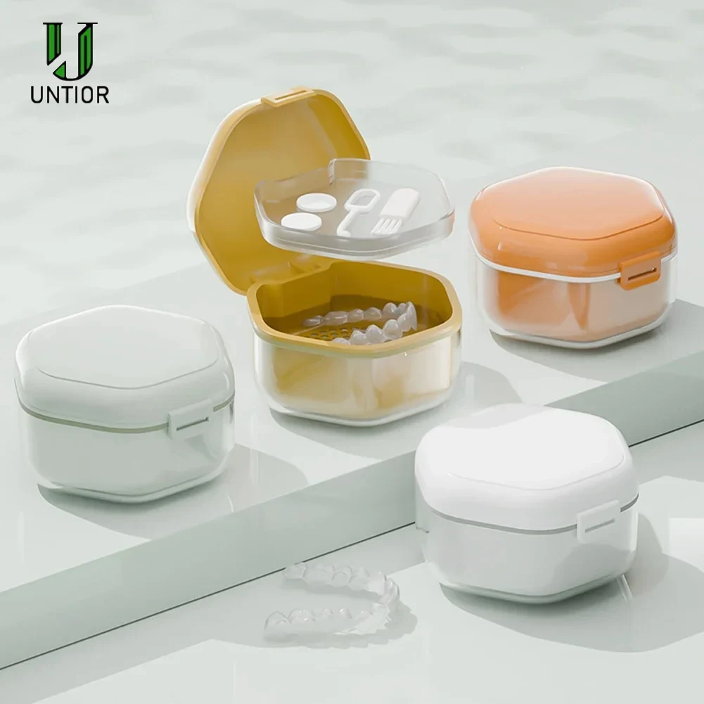 

UNTIOR Orthodontic Retainer Braces Storage Soaking Box with Strainer Denture Cups Portable Daily Travel Denture Cleaning Holders