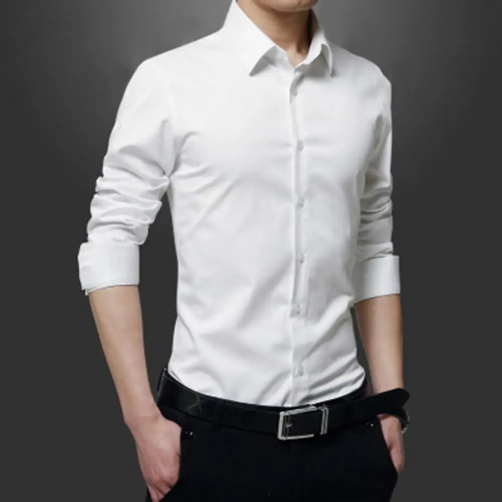 

Men Business Shirt Men's Slim Fit Business Shirt Lapel Long Sleeve Single Breasted Wrinkle-resistant Top for Spring Summer Solid