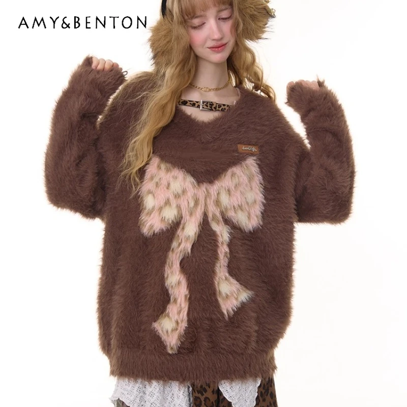 

American Retro Design Leopard Print Bow Pattern Women's Sweater Autumn Winter Brown Plush Loose Versatile V-neck Pullover Ladies
