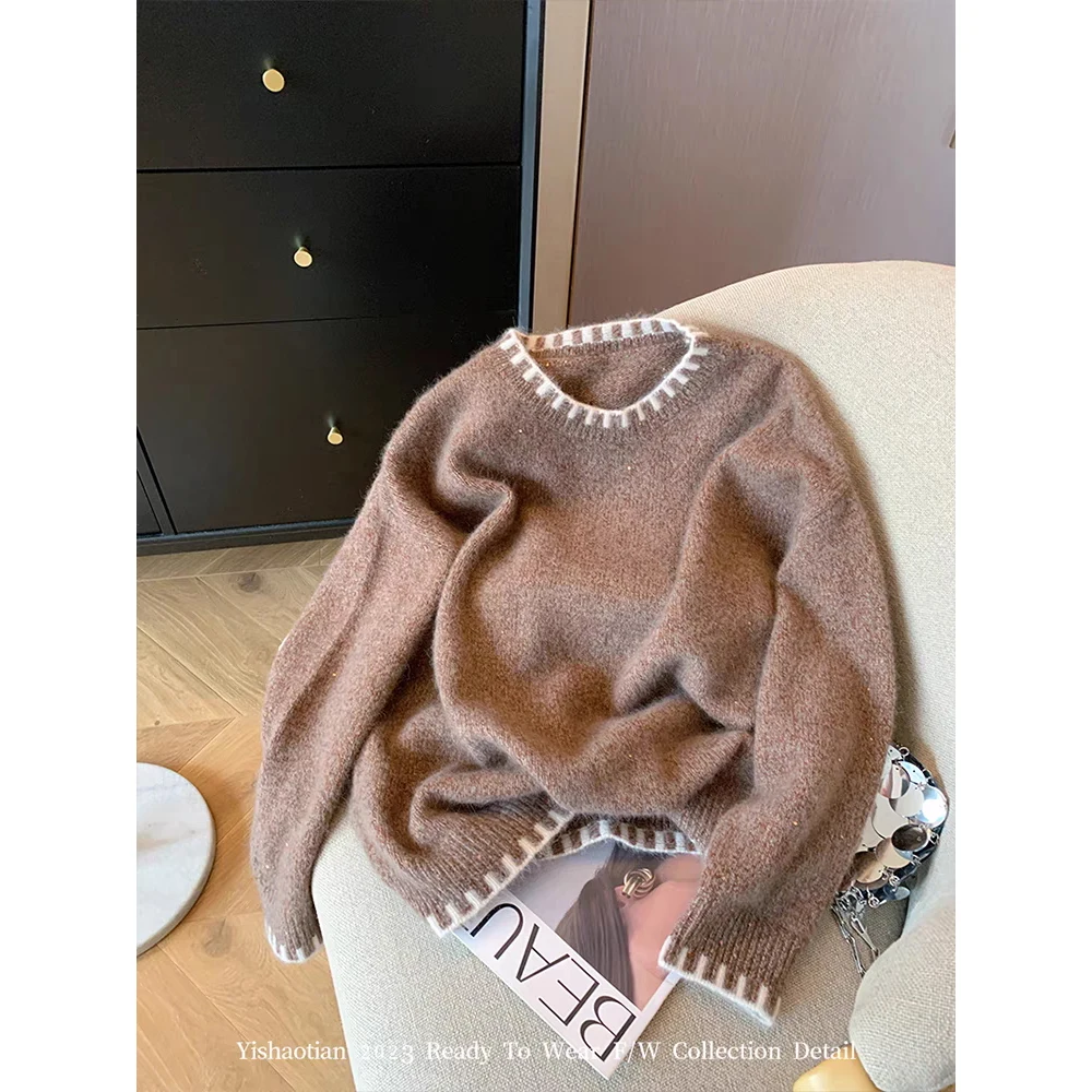 

Women's Coffee O-Neck Sweater Pullover Korean Style Long Sleeves Autumn Cashmere Sweater Vintage Knitwear Y2k 2000s Clothes 2025