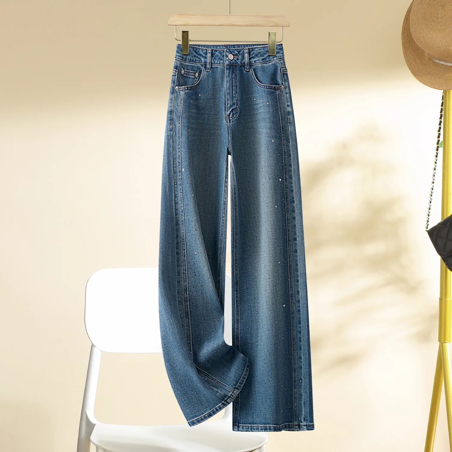 

Широкие брюки, джинсы, женские винтажные джинсы с бриллиантами, высокая талия, потертые прямые брюки, уличная одежда, осенняя длина до пола