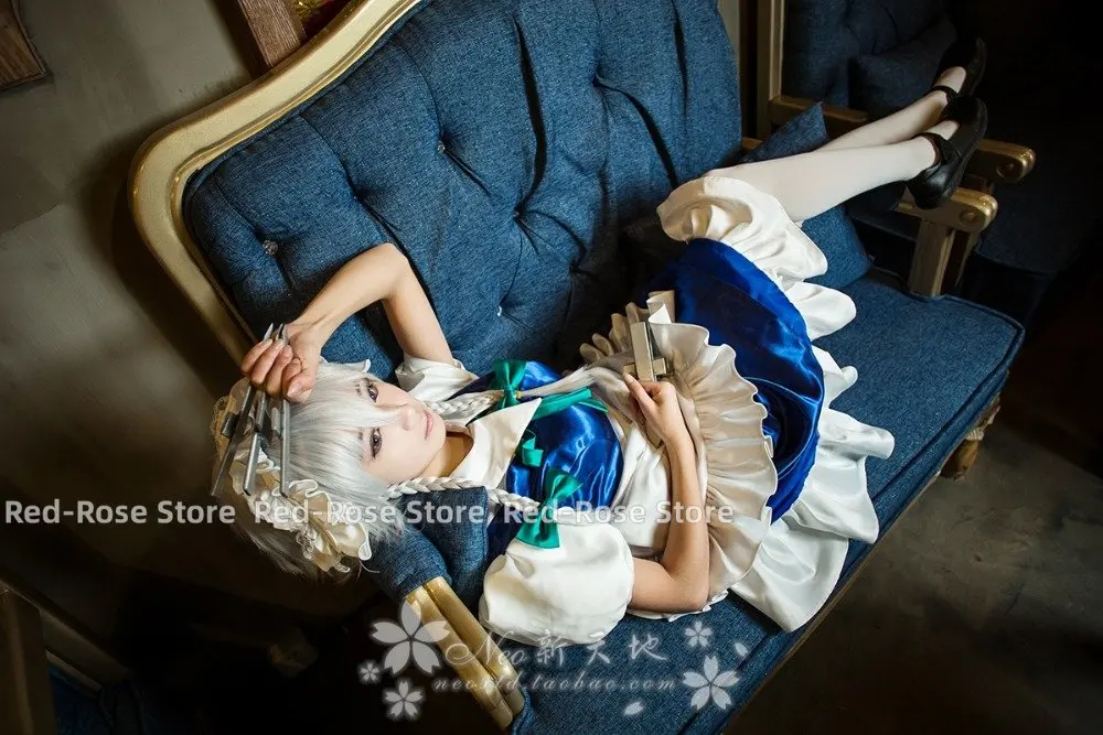 TouHou Project Anime cos Izayoi Sakuya Maid Halloween cosplay Dress woman Maid costume Dress+headwear+bow+apron