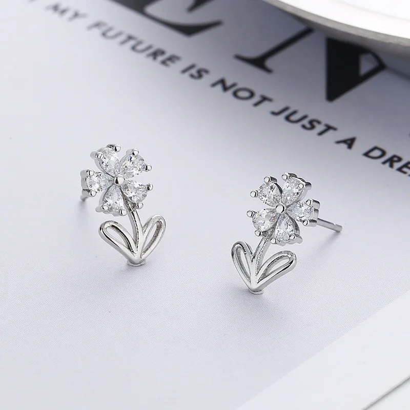 Evimi Silver Color Stud Earring For Women Girl Gift Flash Diamond Zircon Flower Temperament Fairy Petals Jewelry Wholesale