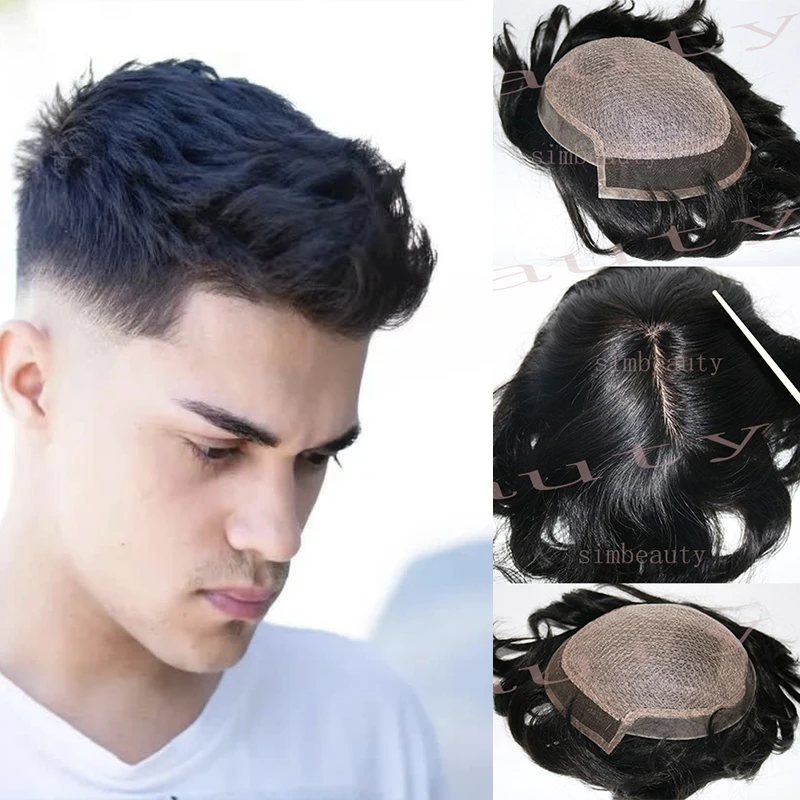 Perruque système de cheveux pour hommes, postiches droites, toupet I-Lace, base complète, remplacement de cheveux humains brésiliens Remy, noir document # 1b