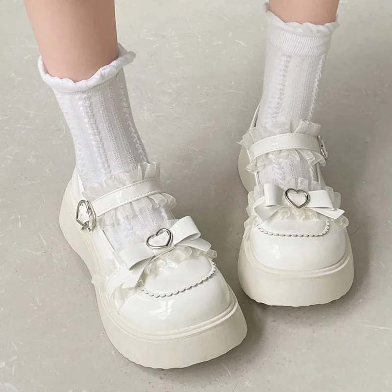 Rimocy Grosso Piattaforma Mary Jane Scarpe da Donna in Pelle Verniciata Pizzo Cinturino Alla Caviglia Pompe Donna 2022 Autunno Bianco Lolita Scarpe