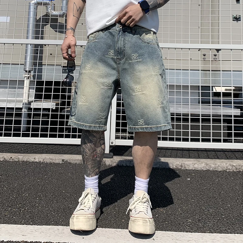 

9362 Light luxury American heavy jacquard denim shorts men's summer loose high street versatile five trousers