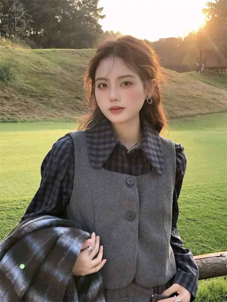 Three Piece Set Skirt Shirt Vests Women Pockets Pure Harajuku American Retro Loose Cargo Design Chic All-Match BF Cool College