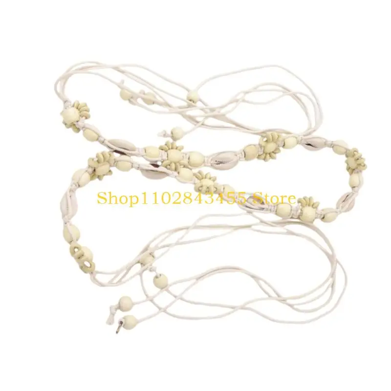 49MC Handwoven Wax Rope Waist Belt Natural Sea Shell Bead Waist Rope All Matching