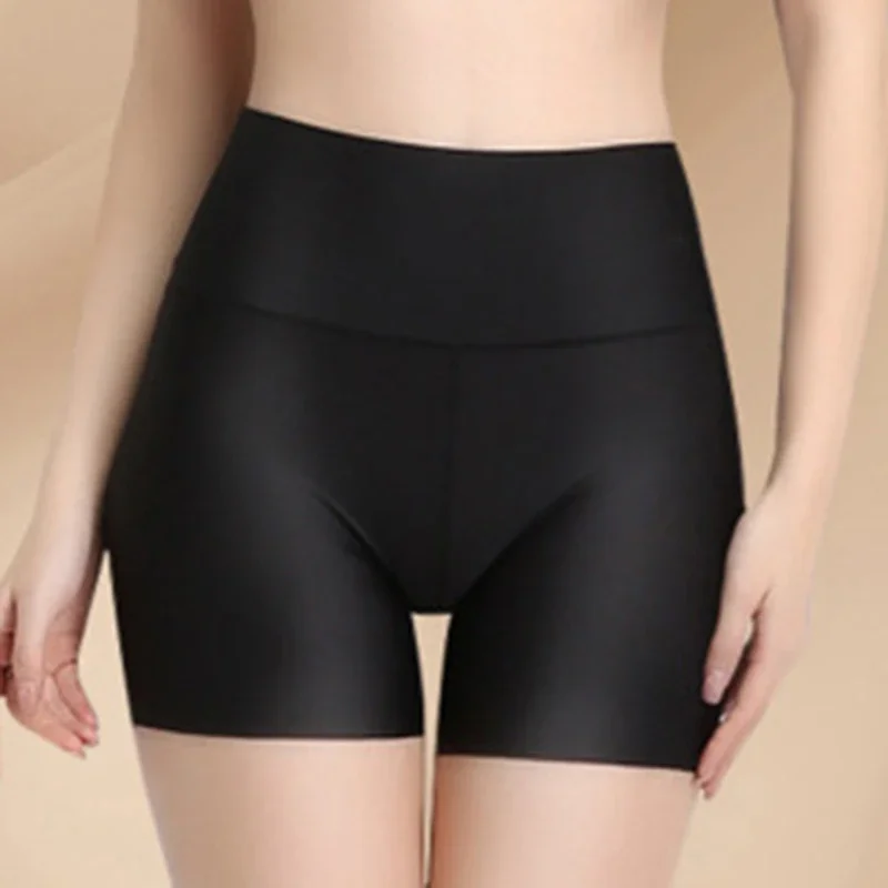 Bragas de cintura alta para mujer, pantalones cortos de seguridad, ropa interior antiexposición, pantalones de corsé M L XL, piel negra, seda de