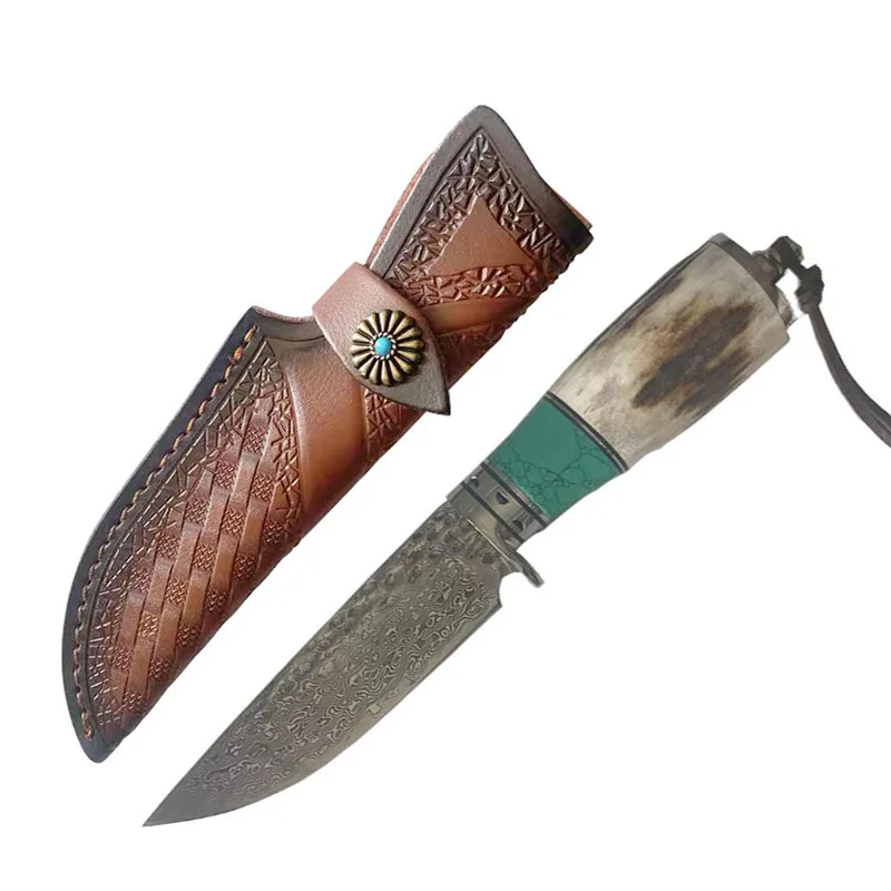 

Turquoise Antler 60HRC Handmade Damascus Steel VG10 Core Fixed Blade Straight Knife Outdoor Camping Survival Hunting Knife