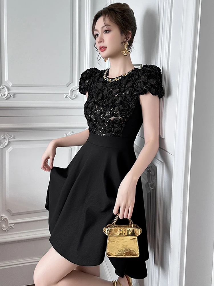 Women Clothes Black Sweet Lace Floral O-Neck Slim A-Line Mini Short Dress Elegant Luxury Party Prom Vestidos Casual Summer New