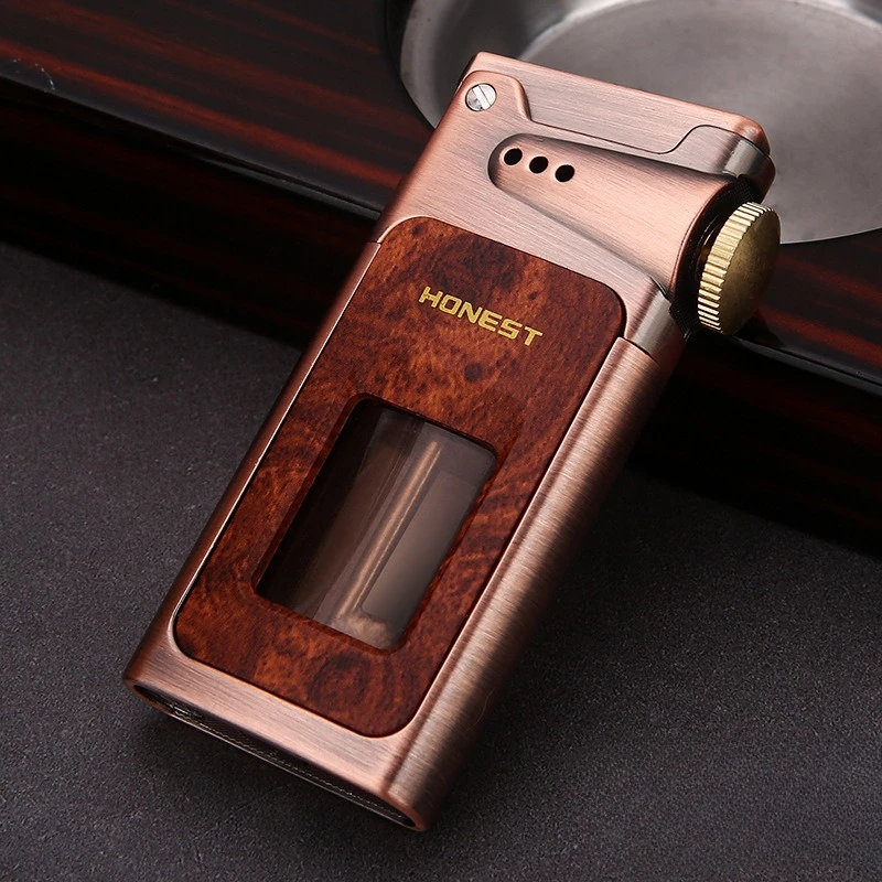 HONEST One-Click Pop-Up Ignition Fuel Lighter, Large-Capacity Fuel Tank Retro Wood Grain Lighter, Gift for Men