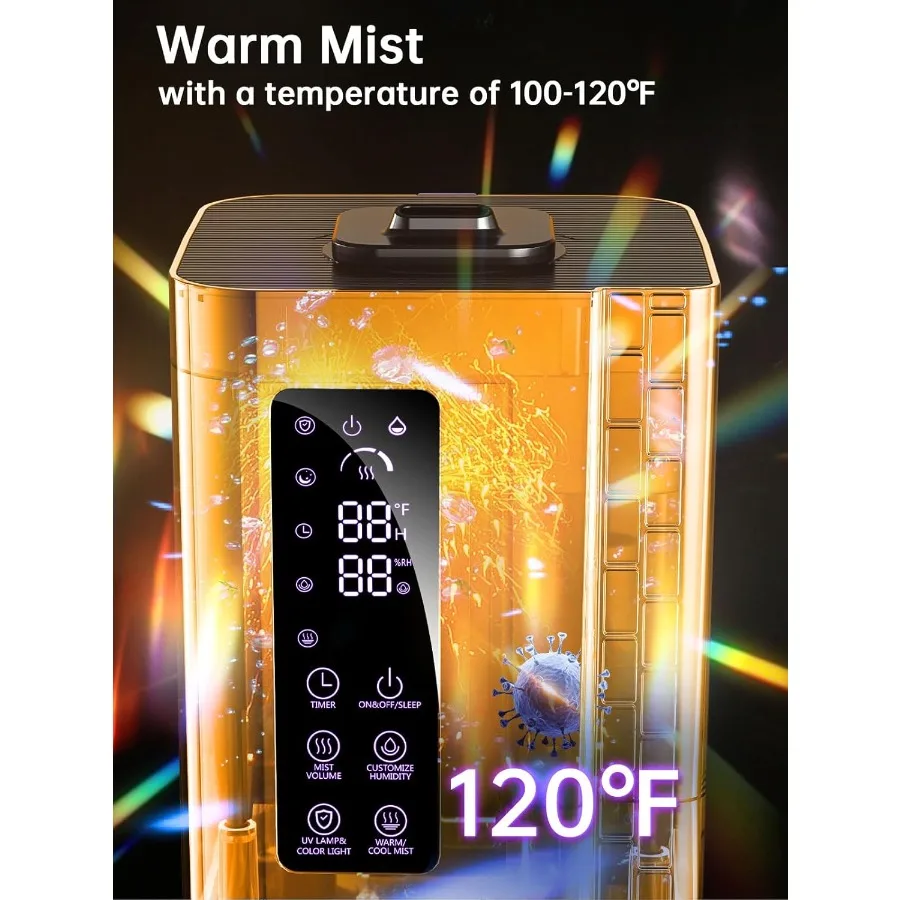 เครื่องเพิ่มความชื้นในอากาศขนาด 2.64 แกลลอน สำหรับห้องนอน ห้องขนาดใหญ่ ให้ละอองน้ำร้อนและเย็น ครอบคลุมพื้นที่สูงสุด 500 ฟุต เติมน้ำด้านบน พร้อมไฟสร้างบรรยากาศ 3 โหมดการพ่นไอน้ำ ตั้งเวลาได้ 24 ชั่วโมง