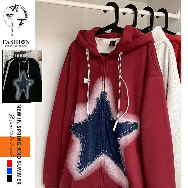 

Hmsevenjz 2023 Fashion New American Retro Star Hoodies Men's Trend High Street Loose Hoodies Autumn Casual Coat Male Clothing