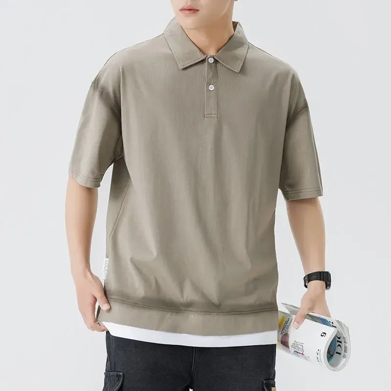 Men Splice Hem Vintage Washed Fashion Loose Casual Short Sleeve T-shirt Cityboy Summer Streetwear Polo Shirt