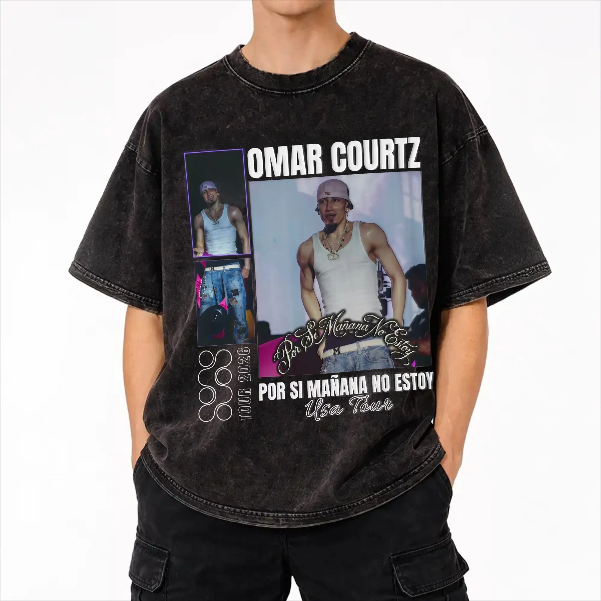 Graphic Printed Omar Courtz 2026 Por Si Mañana No Estoy World Tour  Washed T Shirt Accessories Harajuku T-Shirt  Men Women Tee