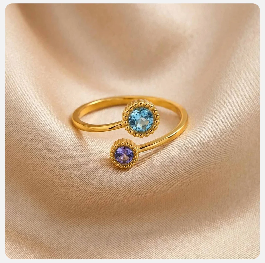 Vnox Neues Design Blau-Rosa Zirkon Doppelblumen-Ringe für Frauen und Mädchen 18K Vergoldet Trendiger Hochzeits- und Party-Schmuck – Detail 5