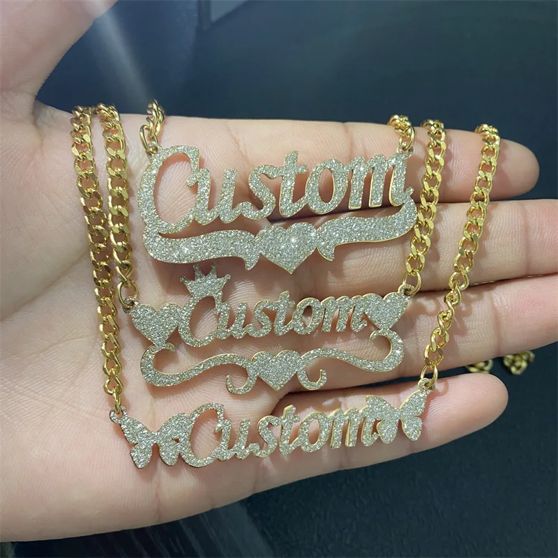 2023 Simple Stainless Steel Customized Sticker Name Necklace For Women Personalize Heart Choker Glitter Shining Necklace Jewelry