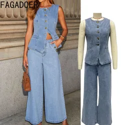 FAGADOER Fashion Denim Two Piece Set For Women Sleeveless Buttons Patchwork Slim Jacket And High Waist Wide Leg Jeans Outfit