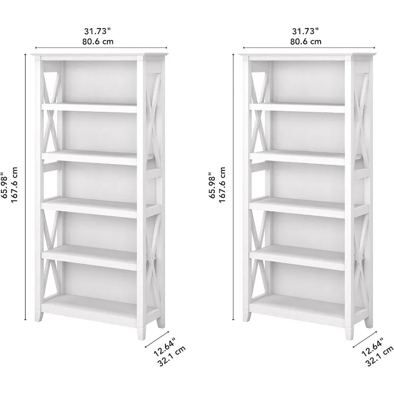 5 Shelf Bookcase - Set of 2 Tall Bookshelves in Reclaimed Pine Sturdy Display Shelves for Library, Living Room, and Home Office