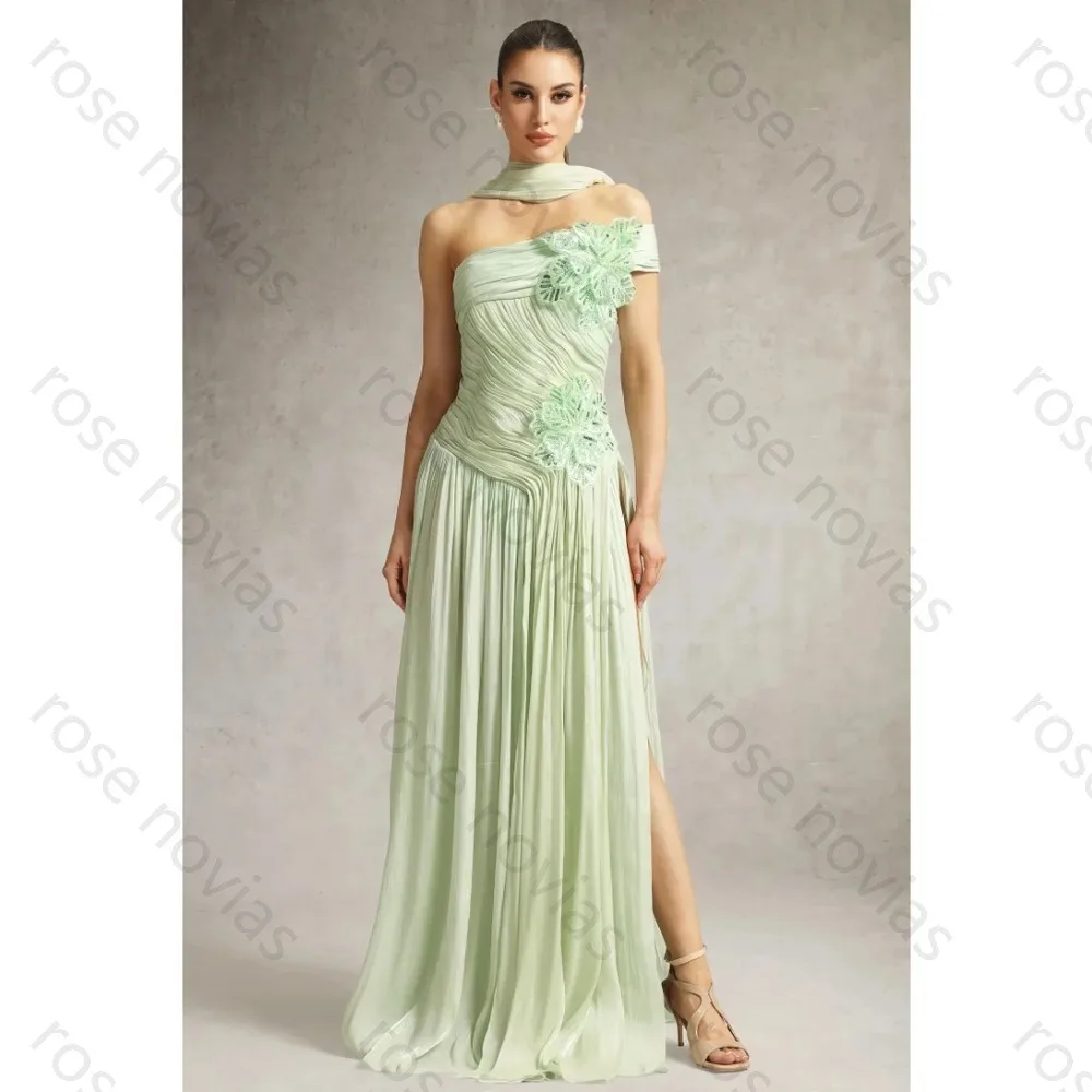 Robe de soirée élégante personnalisée, nouvelle collection 2026, vert sauge, asymétrique à une épaule, motif floral 3D, coupe trapèze, pour femme, idéale pour bal de promo ou invitée de mariage