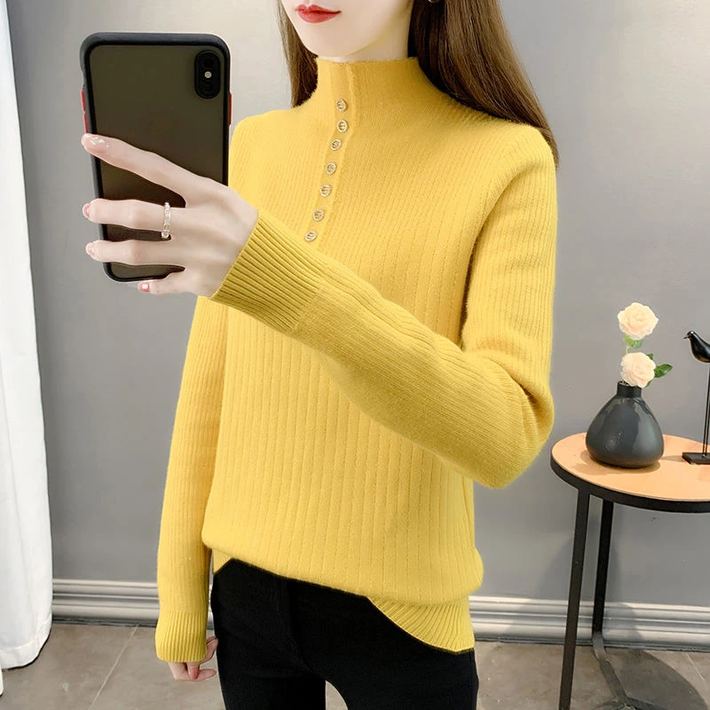 Thick Fleece Women's Top Half High Neck Slim Autumn Winter Warm Bottoming Shirt Button Solid All-mutch Casual Knitted Sweatwer