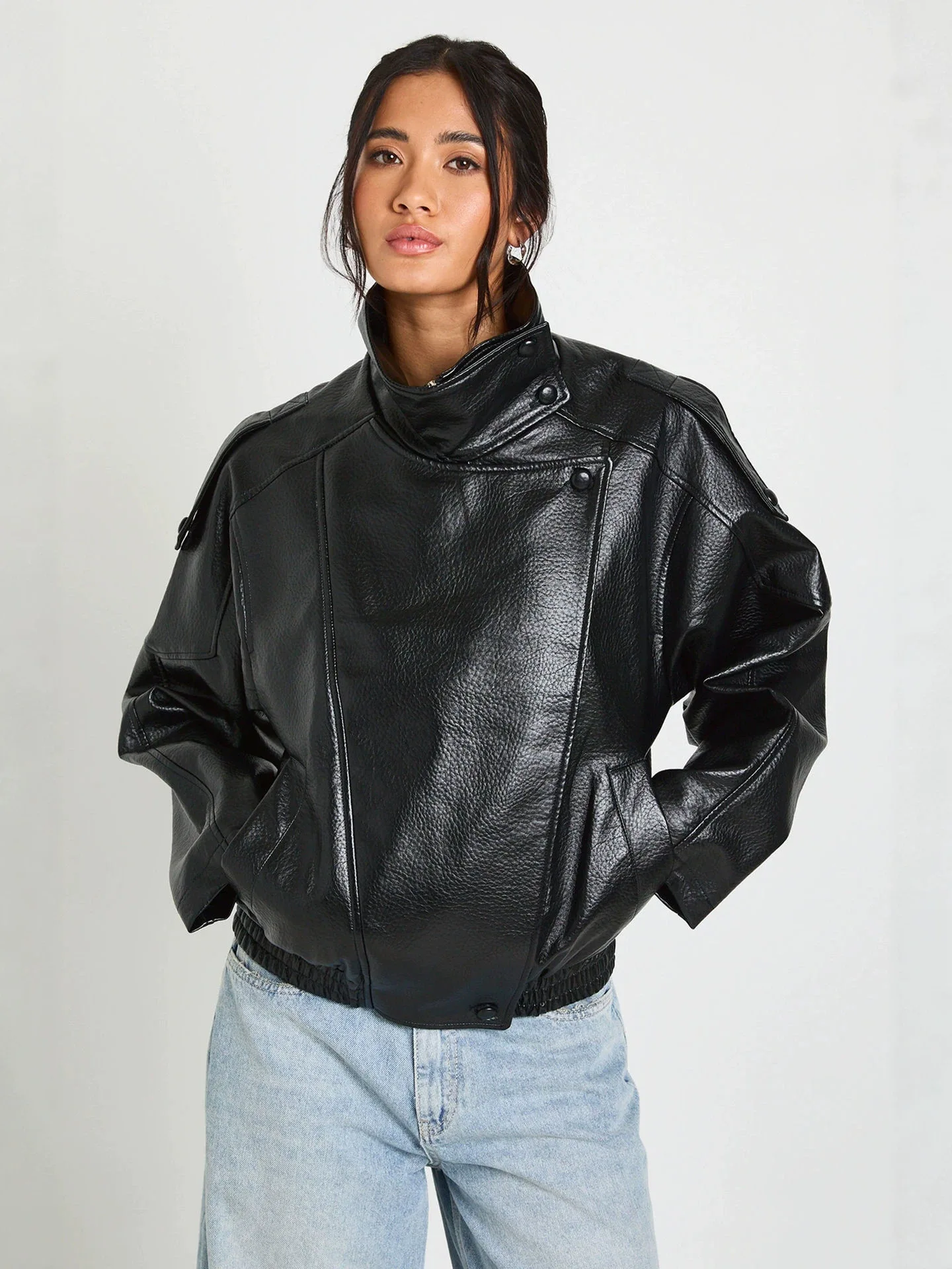 Women's European American Style Stand up Collar PU Leather Jacket Loose Casual Street Style Texture Versatile Motorcycle Short