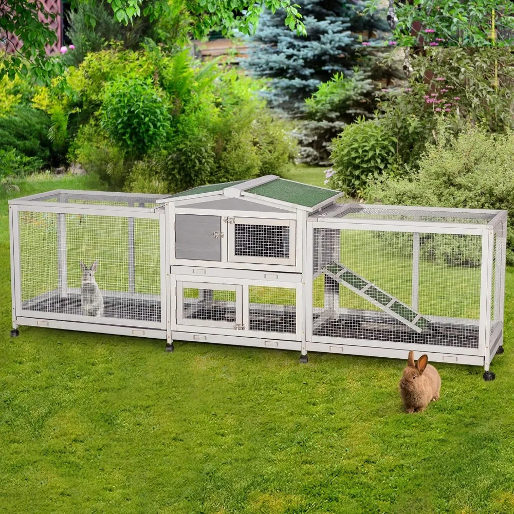 

94.5'' Rabbit Hutch with 8 Wheels, Bunny Cage Two Run Rabbit Cage Outdoor Wooden Bunny Hutch Small Animal House with Removable