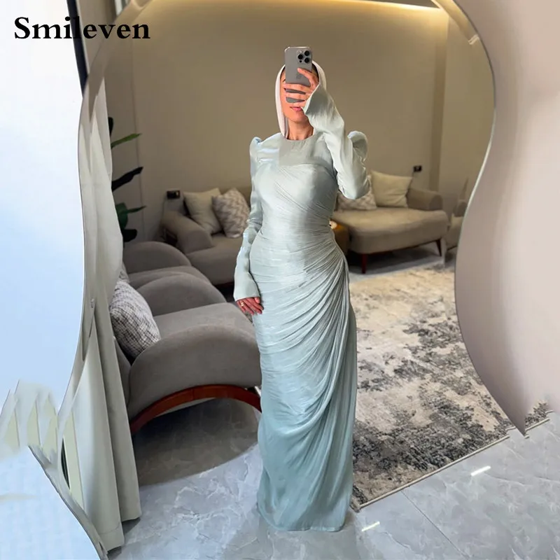 

Smileven Мусульманские вечерние платья с круглым вырезом и складками с длинными рукавами 2026 Платье для выпускного вечера со складками Платья для выпускного вечера 2024 по индивидуальному заказу